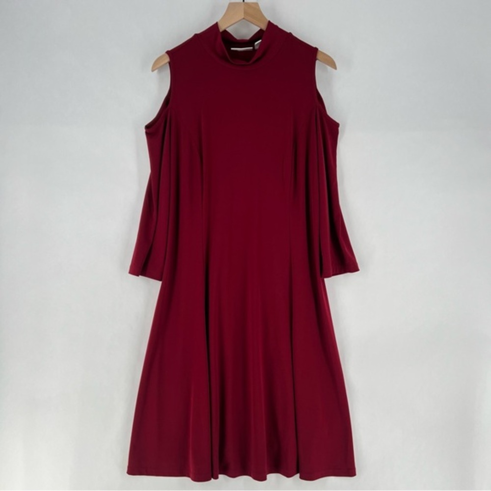 Susan Graver Stretch Liquid‎ Knit Cold Shoulder 3/4 Sleeve Mock Neck Swing Dress